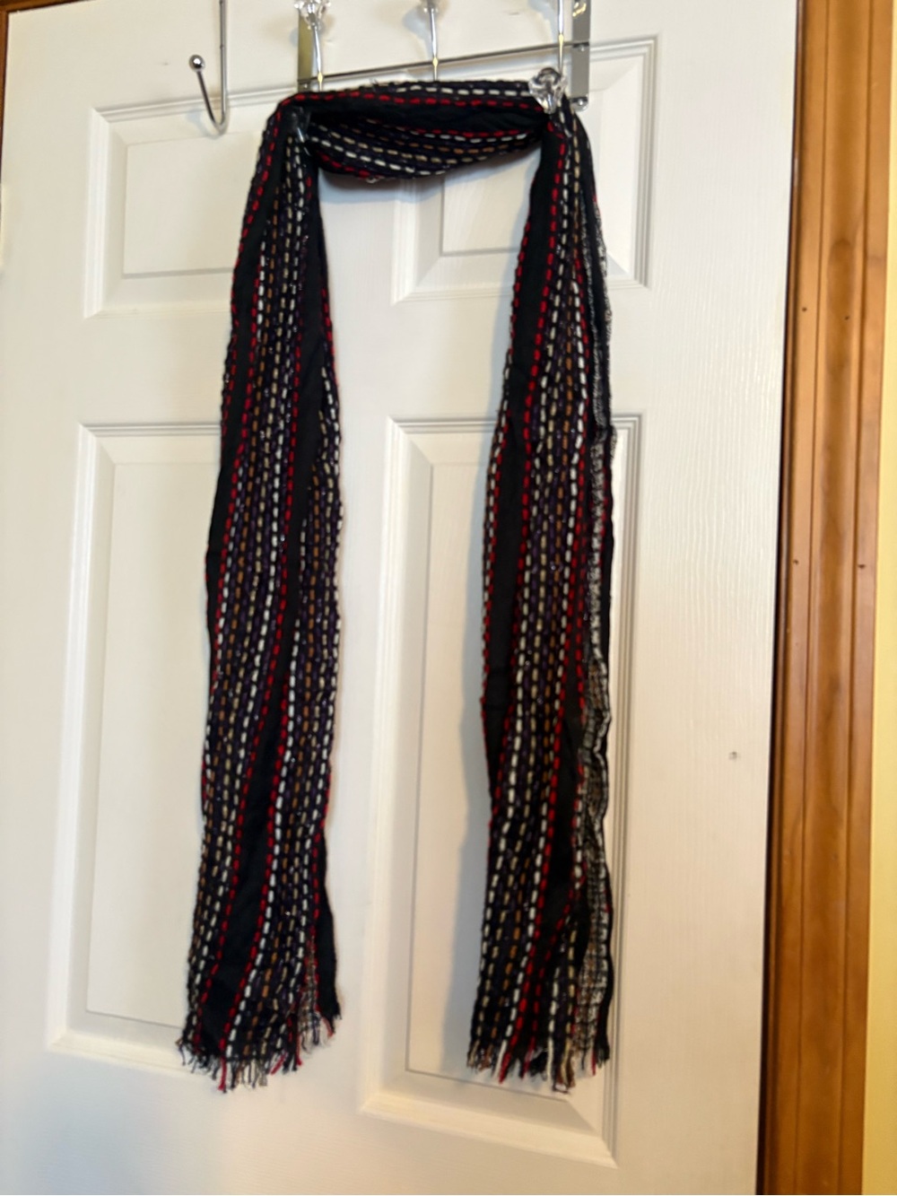 Maurices Black Scarf with Red and Cream Stripe Detail